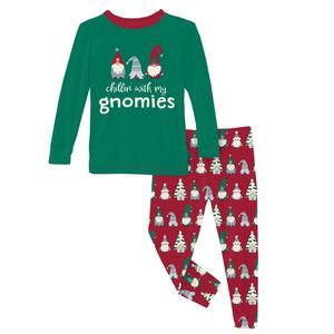 NEW KICKEE kids' long graphic tee sleeve pajama set in crimson gnomes